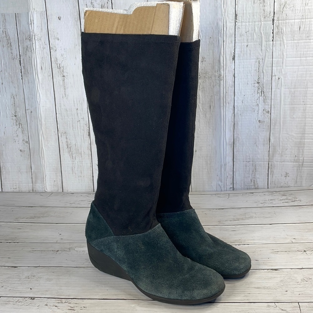Rockport Waterproof Suede and Fabric Navy Blue and Black Knee High Wedge Boots